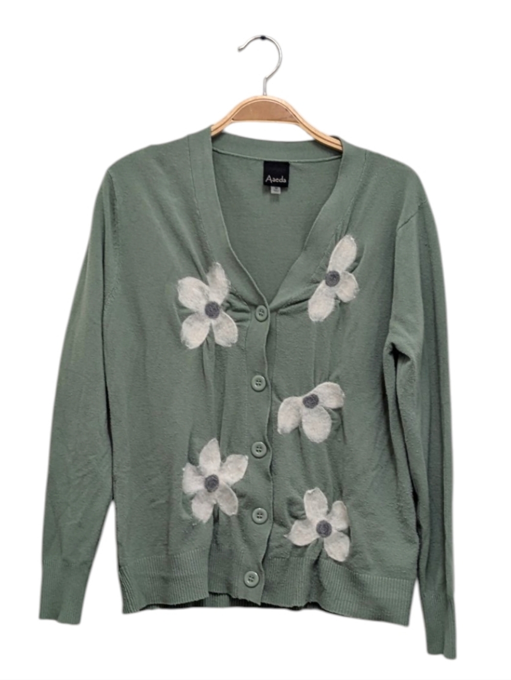 Aaeda Daisy Flower Cottagecore Open Front Cardigan Medium Sage Green
